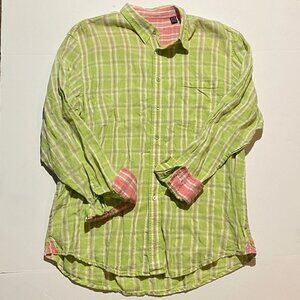 Indigo Palms Denim Co. Linen Shirt Men's XL Green Pink Striped Button Up Pocket